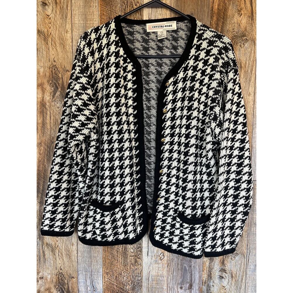 VTG Crystal Kobe Houndstooth Cardigan Womens L Boxy Gold Buttons 80s Old Money